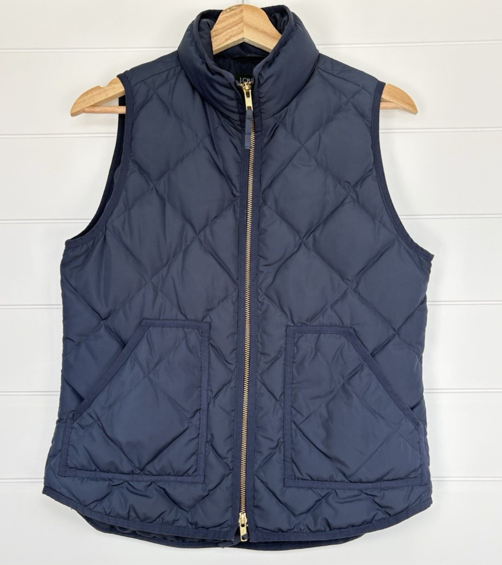 J Crew Down Puffer Vest Diamond Quilted Navy Blue Gold Zip Front Preppy XS